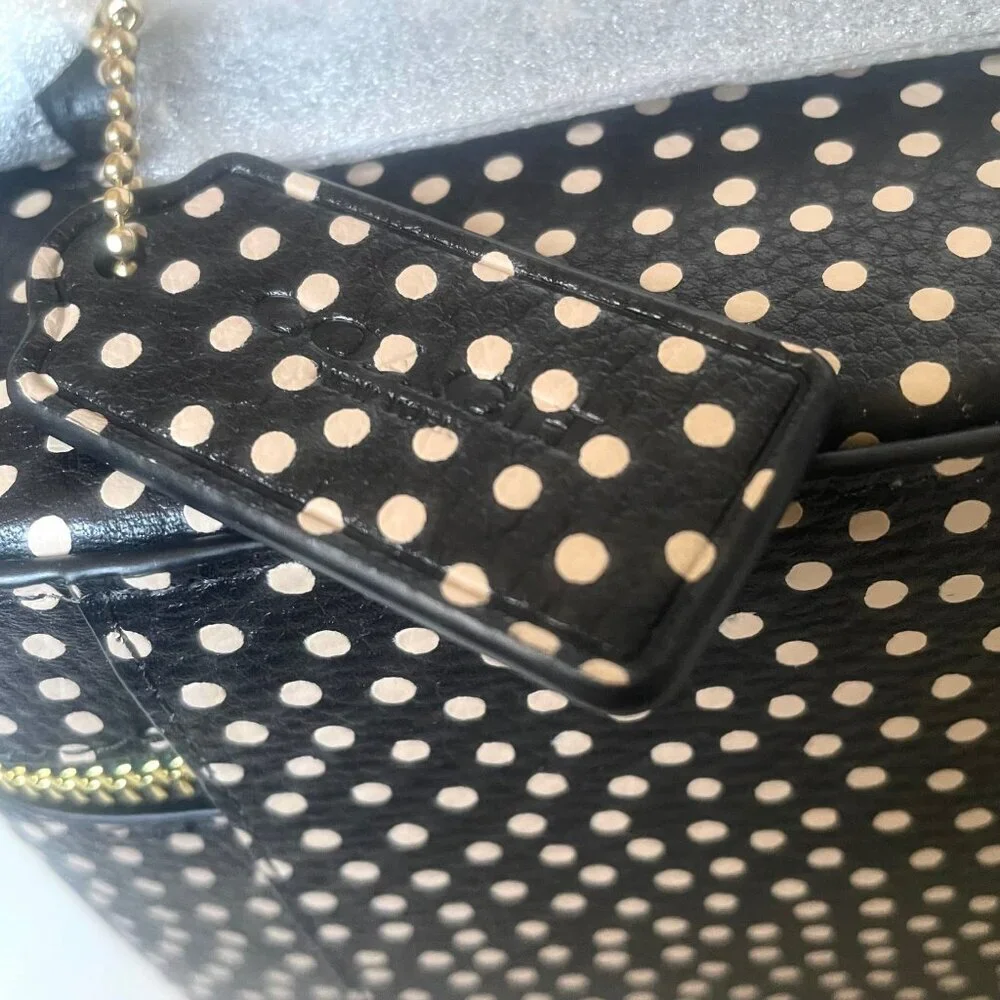 Coach Cosmetic Case CCF44 Black Leather Polka Dot Large Zip Pouch